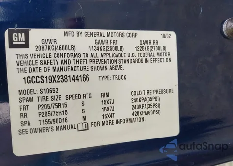 2003 Chevrolet S-10 Ls z USA, uszkodzony, nr VIN 1GCCS19X238144166